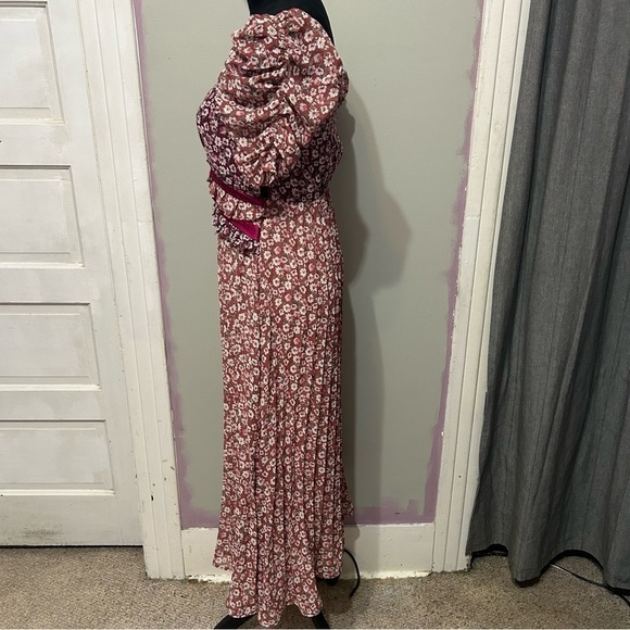 Anthropologie En Saison Red Ditzsy Midi Dress Sz XS Floral Chiffon Pleated Skirt - Picture 5 of 14